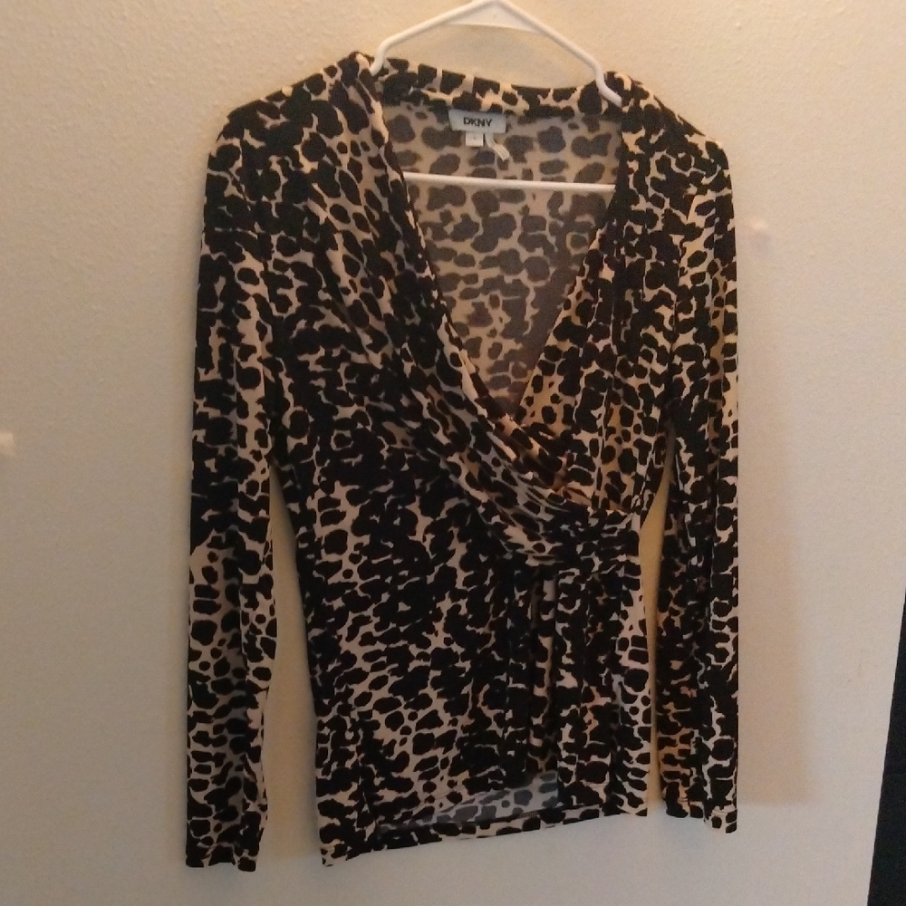 DKNY Black and Tan Leopard Print Wrap Top
